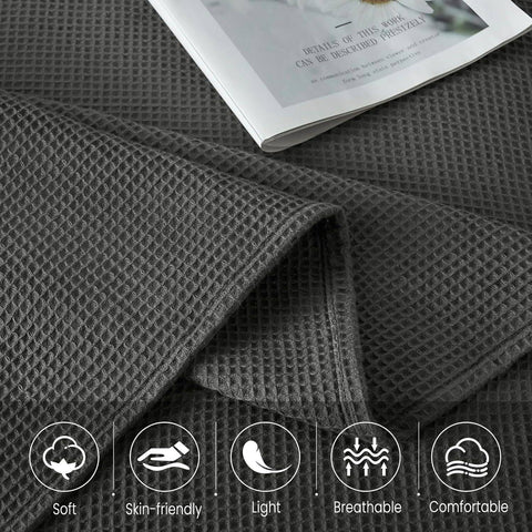 Rootz Daily Blanket - Lightweight Throw - Waffle Weave Blanket - Breathable 100% Cotton - 170 x 210 cm - Dark Gray