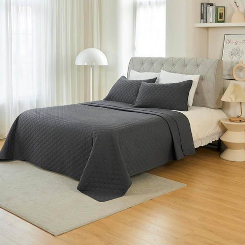 Rootz Daily Blanket Set - Throw Blanket - Bedspread - Hypoallergenic - 200x220cm Grey with 2 Pillowcases 50x70cm - Ultra Comfort