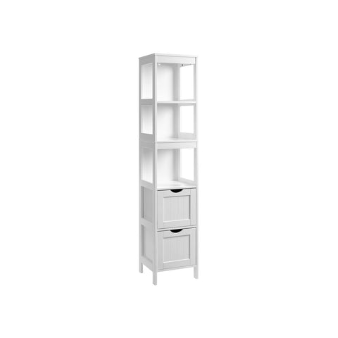 Rootz Tall Bathroom Cabinet - White Storage Cabinet - MDF Furniture - Elegant Design - 3 Open Compartments - 2 Drawers - Versatile Use - 30cm x 30cm x 141.5cm