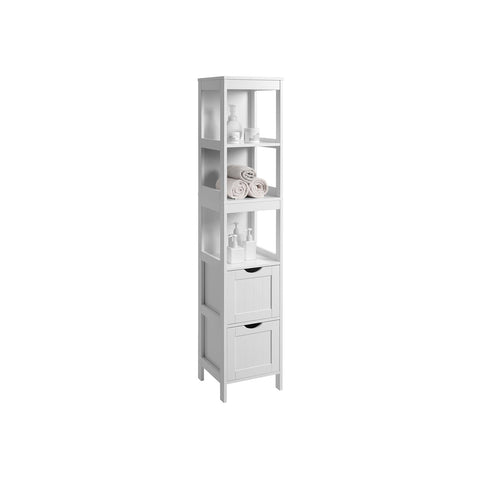 Rootz Tall Bathroom Cabinet - White Storage Cabinet - MDF Furniture - Elegant Design - 3 Open Compartments - 2 Drawers - Versatile Use - 30cm x 30cm x 141.5cm