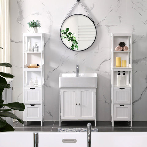 Rootz Tall Bathroom Cabinet - White Storage Cabinet - MDF Furniture - Elegant Design - 3 Open Compartments - 2 Drawers - Versatile Use - 30cm x 30cm x 141.5cm