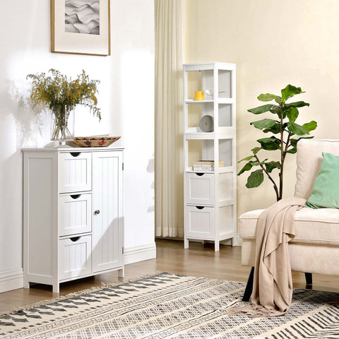 Rootz Tall Bathroom Cabinet - White Storage Cabinet - MDF Furniture - Elegant Design - 3 Open Compartments - 2 Drawers - Versatile Use - 30cm x 30cm x 141.5cm