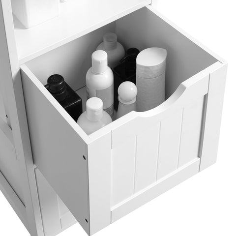 Rootz Tall Bathroom Cabinet - White Storage Cabinet - MDF Furniture - Elegant Design - 3 Open Compartments - 2 Drawers - Versatile Use - 30cm x 30cm x 141.5cm