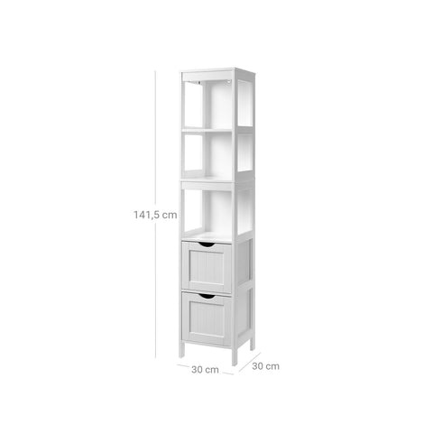 Rootz Tall Bathroom Cabinet - White Storage Cabinet - MDF Furniture - Elegant Design - 3 Open Compartments - 2 Drawers - Versatile Use - 30cm x 30cm x 141.5cm