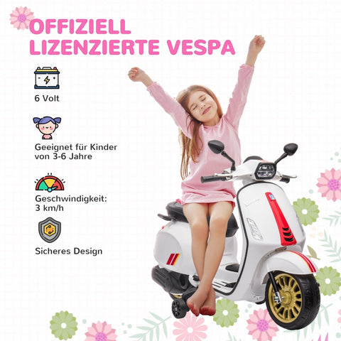 Rootz 6V Vespa Electric Motorcycle - Kids Ride-On Bike - Training Wheels - 3 km/h - 107cm x 47cm x 73cm