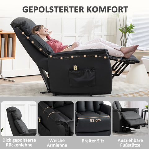 Rootz Electrical Up Armchair - TV Chair - Recliner Chair - Stand-Up Aid - Synthetic Leather - Black - 80cm x 94cm x 104cm