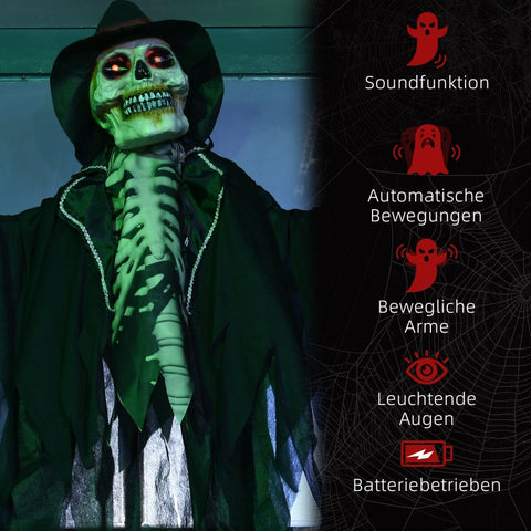 Rootz Halloween-decoratie Spookskelet - Spookachtig skelet - LED-ogen - Verstelbare armen - Bewegingsgeactiveerd draaien - Huilende geluidseffecten - 60 cm x 16 cm x 100 cm