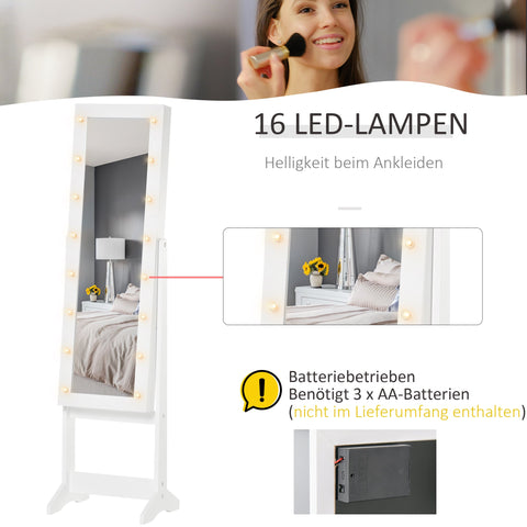 Rootz LED Jewelry Cabinet with Mirror - Stand Mirror - Adjustable Mirror - Warm LED Lighting - 136cm x 36cm x 30cm