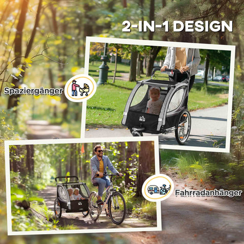 Rootz Children's Bicycle Trailer - Push Cart - Stroller - Foldable with Brakes - 142 x 75 x 101cm - Safe & Comfortable Journey for 2 Kids