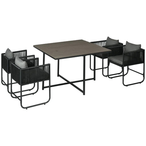 Rootz Outdoor Dining Set - Garden Set - 5 Piece Polyrattan Seat Cushion - Weatherproof - Black + Grey - 110cm x 110cm x 75cm