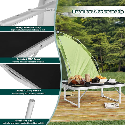Rootz Ultimate Outdoor Folding Table - Portable Table - Adjustable Table - Lightweight, Compact, Sturdy - 55cm x 25.5/58.5cm x 75cm