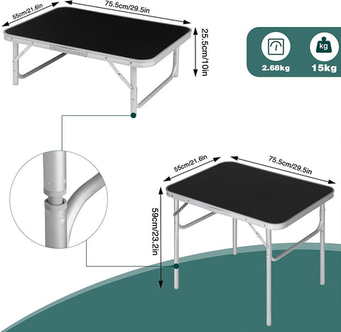 Rootz Ultimate Outdoor Folding Table - Portable Table - Adjustable Table - Lightweight, Compact, Sturdy - 55cm x 25.5/58.5cm x 75cm