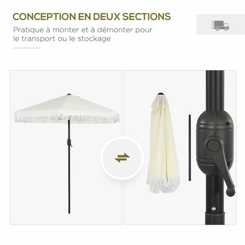 Rootz Tilting Garden Parasol - Patio Umbrella - Sunshade - Boho Style - Optimal Sun Protection - Ø225cm x 223cm - Cream and Black Fringes