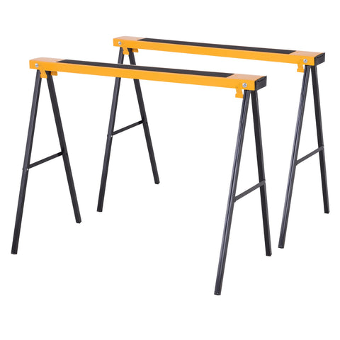 Rootz Set of 2 Folding Sawhorses - Compact Design & Carry Handle - Sturdy Metal - 100cm x 50cm x 76cm - Non-Slip Surface - Black & Yellow