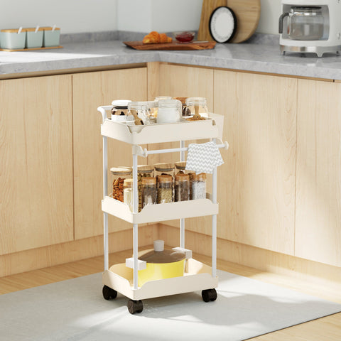 Rootz Storage Trolley White – Organizer Cart – Rolling Utility Trolley – Space-Saving, Stable Metal Frame – 3 Baskets, Towel Rack, 42x42.5x76cm