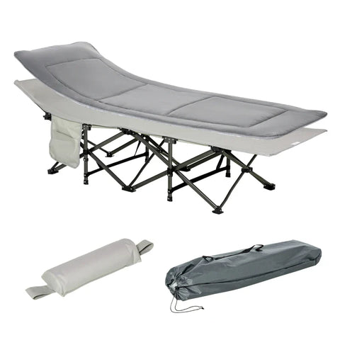 Rootz Camping Bed - Folding Camp Bed - Folding Bed With Pillow - Side Pocket - Mattress - Guest Bed - Can Hold Up To 150 Kg - Oxford - Light Gray - 188 x 64.5 x 53 cm