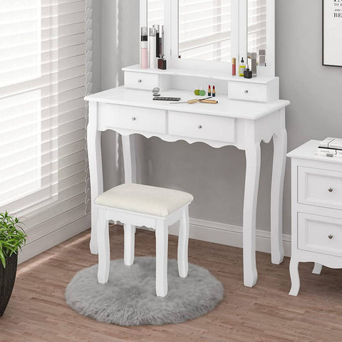 Rootz Elegant White Makeup Stool - Vanity Seat - Dressing Chair - Comfortable Velvet Cover - Versatile Use - Durable Construction - 38cm x 45cm x 28.5cm