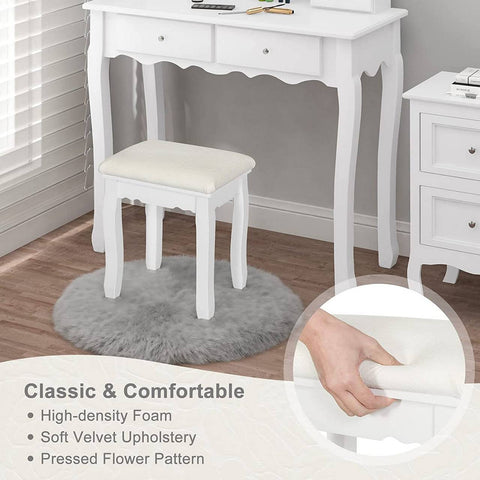 Rootz Elegant White Makeup Stool - Vanity Seat - Dressing Chair - Comfortable Velvet Cover - Versatile Use - Durable Construction - 38cm x 45cm x 28.5cm