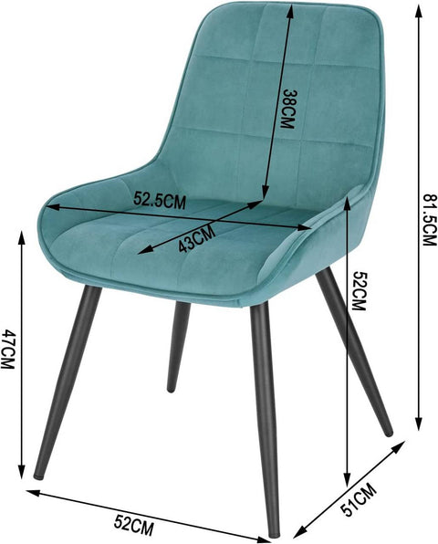 Rootz Set of 4 Dining Chairs - Velvet Accent Chairs - Turquoise Upholstered Chairs - Ergonomic Design, Durable Structure, Floor Protection - 81.5cm x 38cm x 43cm
