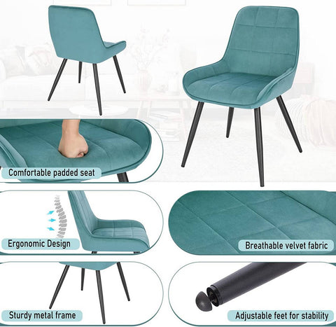 Rootz Set of 4 Dining Chairs - Velvet Accent Chairs - Turquoise Upholstered Chairs - Ergonomic Design, Durable Structure, Floor Protection - 81.5cm x 38cm x 43cm