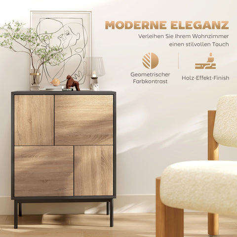 Rootz Sideboard Cabinet - Storage Cupboard, Buffet Console - Push-to-Open, Easy Access, Sturdy Metal Legs - Black & Natural Wood - 60x35x78 cm