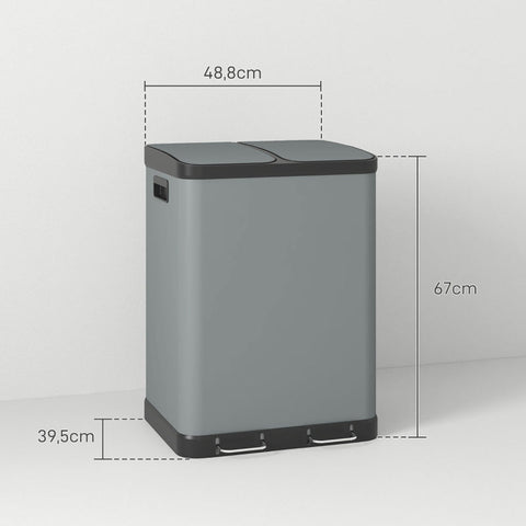 Rootz 30L Double Trash Can - Dual Compartment Waste Bin - Metal Housing - Fingerprint Resistant - Removable Inner Bins - 48.8cm x 39.5cm x 67cm