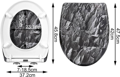 Rootz Stone Pattern Toilet Lid - Toilet Seat - Soft-Close Toilet Glasses - Antibacterial Thuroplast - 37x47.5cm - Quick Release-Grey