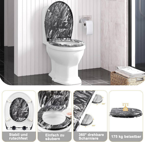 Rootz Stone Pattern Toilet Lid - Toilet Seat - Soft-Close Toilet Glasses - Antibacterial Thuroplast - 37x47.5cm - Quick Release-Grey