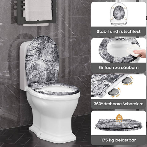 Rootz Toilet Seat - O-Shape Toilet Lid - Automatic Soft-Close - Durable & Antibacterial Thuroplast - 37cm x 47.5cm Grey