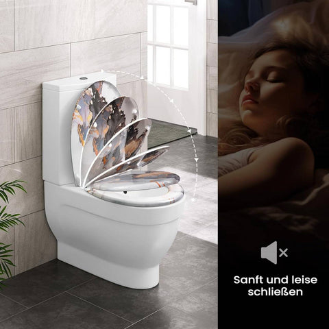 Rootz O-Shaped Thermoset Toilet Seat - Soft Close - Quick Release - Stainless Steel Hinges - 37cm x 47.5cm - Anthracite Wood Pattern