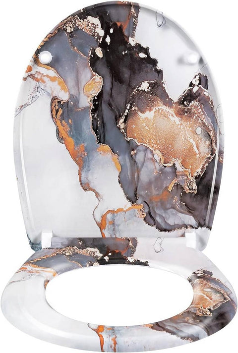 Rootz O-Shaped Thermoset Toilet Seat - Soft Close - Quick Release - Stainless Steel Hinges - 37cm x 47.5cm - Anthracite Wood Pattern