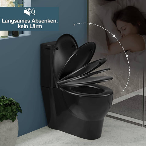 Rootz O-Shaped Toilet Seat - Heavy-Duty Toilet Lid - Duroplast - Matt Black/White - Soft Close - Quick Release - 44.7cm x 5.5cm x 37.1cm