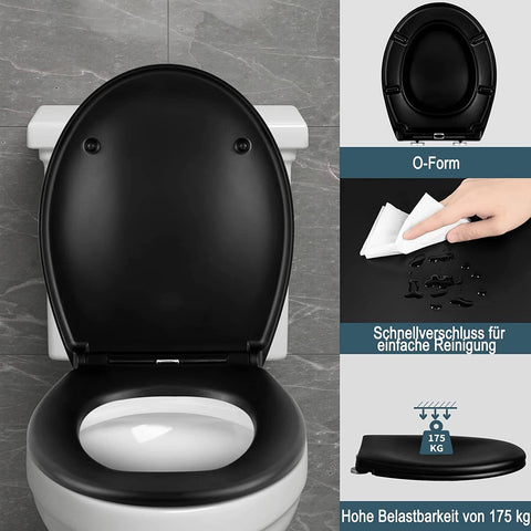 Rootz O-Shaped Toilet Seat - Heavy-Duty Toilet Lid - Duroplast - Matt Black/White - Soft Close - Quick Release - 44.7cm x 5.5cm x 37.1cm