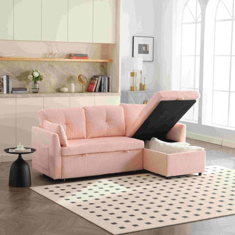Rootz Pink Velvet Sofa Bed - Multifunctional Couch - Convertible Sleeper - Hidden Storage - 206cm x 108cm x 88cm