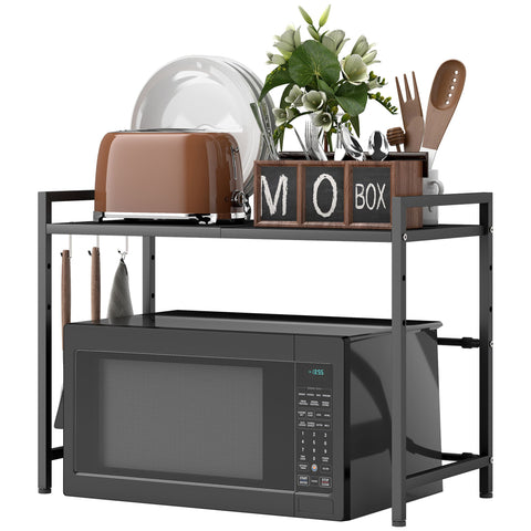 Rootz Microwave Shelf - Kitchen Organizer - Extendable Rack - Space-Saving - Metal - 39.5-64 x 32 x 47.5 cm - Black