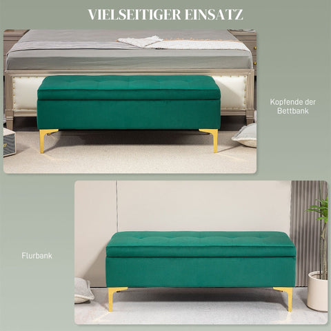Rootz Green Velvet Storage Bed Bench - Entryway Bench - Upholstered Bench - Button Tufted Design - Gold Legs - 120cm x 44cm x 44.5cm