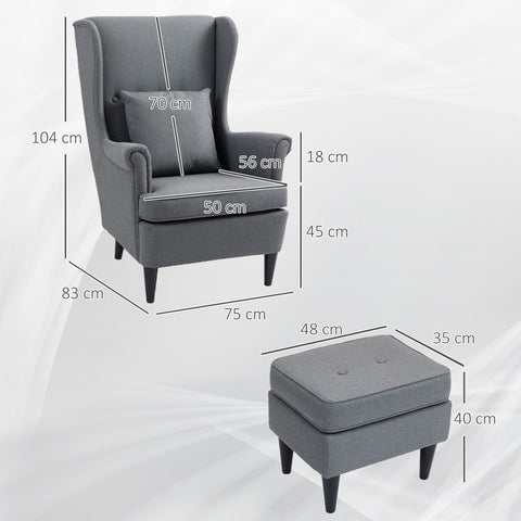 Rootz Wing Chair with Foot Stool - Upholstered Armchair - Comfortable High Backrest - 75cm x 83cm x 104cm - Elegant Grey Linen-Like Fabric