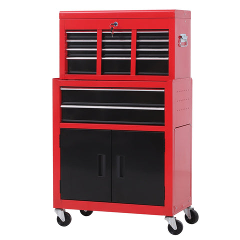 Rootz Tool Cabinet & Box - Rollable Drawer Organizer - Red Metal Storage - Lockable & Anti-Slip - 61.6cm x 33cm x 108cm