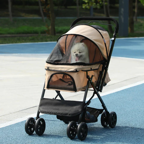 Rootz Folding Dog Buggy - Pet Stroller - 1 Basket - 2 Brakes - Including Safety Leash - Light Brown - 76.5cm x 52cm x 95cm