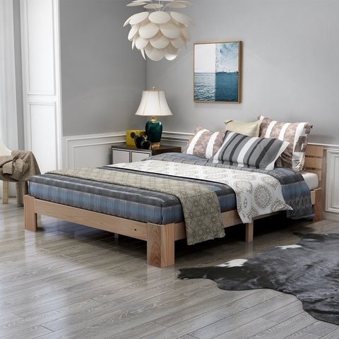 Rootz Double Bed with Headboard - Pine Wood Bed Frame - Natural Wood Bed - 144cm x 210cm x 67.5cm