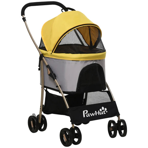 Rootz 2-in-1 Dog Buggy - Foldable Dog Trolley - 1 Basket - 1 Bag - Dog Pushchair - Universal Wheel Brake - Canopy - Yellow - 82cm x 49.5cm x 98cm