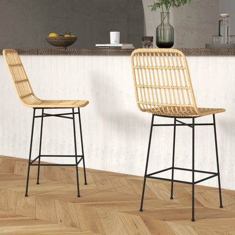 Rootz Set of 2 Boho Bar Stools - Counter Stools - Rattan Wicker Chairs - Breathable Comfort - Sturdy Steel Frame - 45 x 53.5 x 105 cm