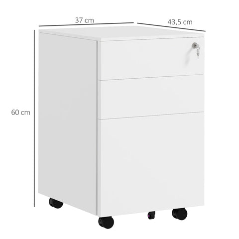 Rootz Rolling Container - Filing Cabinet - 3 Drawers - Lockable - Rollable - Pre-assembled Body - White - 37 cm x 43.5 cm x 60 cm