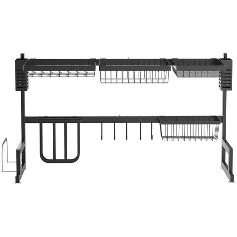 Rootz 2 Level Black Dish Drainer - Drying Rack - Dish Organizer - Modular Design - 93cm x 30cm x 52.5cm Steel