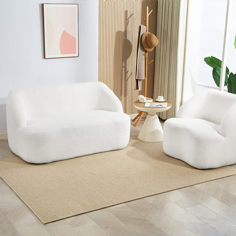 Rootz 2-Seater Sofa - Curved Sofa - Upholstered Couch - Warm Fleece Comfort - 142cm x 85cm x 73.5cm -White