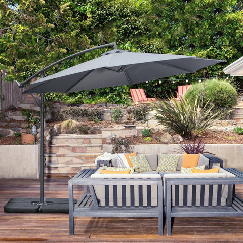 Rootz Garden Parasol - Cross Base - Weather Resistant - Sun Protection - Elegant Design - Six Ribs - Cantilever Parasol - Metal-polyester - Gray - 292 cm x 292 cm x 247