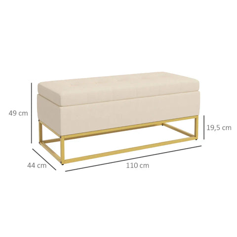 Rootz Storage Bench - Decorative Button Stitching - Flannel Look - Gold Steel Legs - Beige - 110 x 47 x 46.5 cm