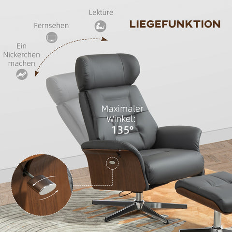 Rootz Relaxation Chair with Stool - Reclining Swivel Chair - Leather Look Armchair - 360° Rotation - 80W x 84D x 108H cm