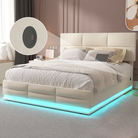 Rootz Double Bed with LED - Velvet Bed Frame - USB Charger - Ample Storage - 208.5cm x 164cm x 105-115cm