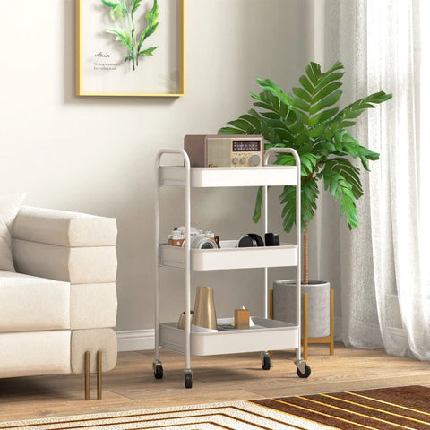 Rootz Multi-purpose Trolley - Kitchen Trolley - 3 Shelves - 4 Wheels - White - 45 cm x 30.6 cm x 79 cm